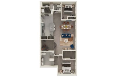 Floor plan of a two-bedroom unit in a senior living facility