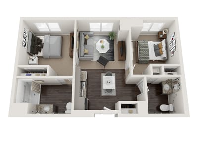 Floor plan of a two-bedroom layout in a senior living facility