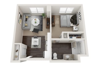 Aerial view of a one-bedroom apartment layout