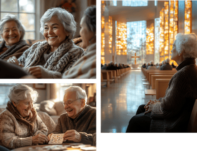 Residents engaged in activities in a bright common area