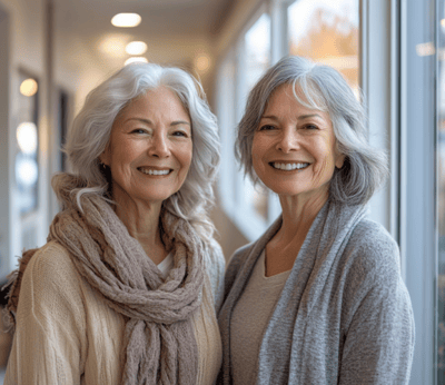Two smiling women in a hallway of a senior living facility