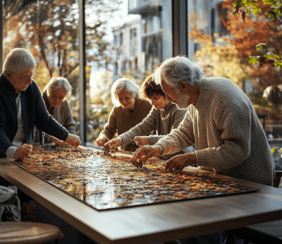 Residents engaged in a puzzle activity indoors
