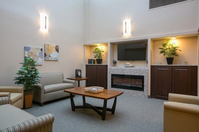 Cozy interior common area with seating and fireplace
