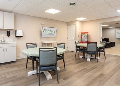 Interior common area with tables and chairs