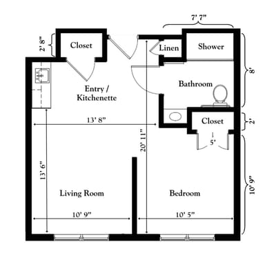 Architectural floor plan of a one-bedroom unit
