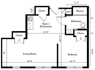 Architectural floor plan of a one-bedroom unit
