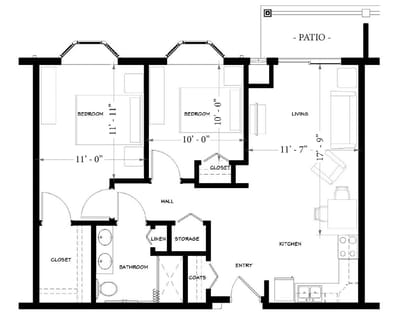 Architectural floor plan of a living unit with measurements