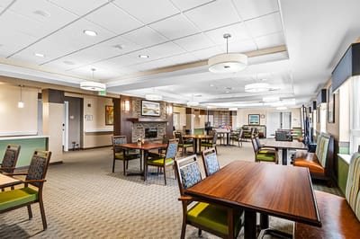 Interior view of a dining room in a senior living facility
