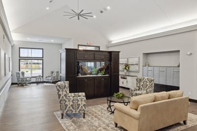 Interior view of a welcoming common area with seating