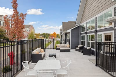 Patio seating area in a senior living facility