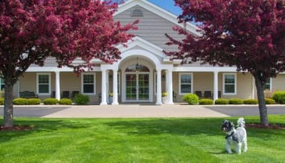 Vista Prairie At Ridgeway On G, assisted living in New Ulm, MN — Senior living facility entrance with blooming trees and dog