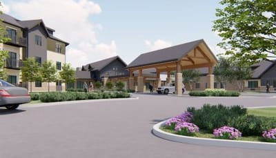 Vista Prairie At Ridgeway On G, assisted living in New Ulm, MN — Entrance of a senior living facility with landscaping