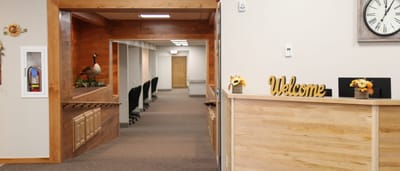 Bright interior of a welcoming lobby area with decor