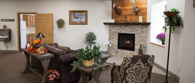 Cozy common area with fireplace and seating