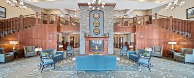 Brightly decorated lobby of a senior living facility