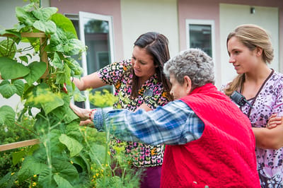 Residents interacting with staff in the garden