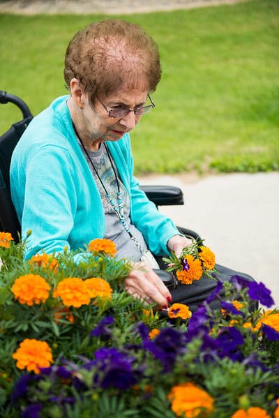Resident tending to flowers in a garden