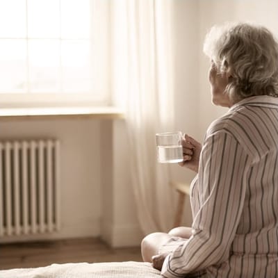 A senior woman sitting quietly with a glass of water