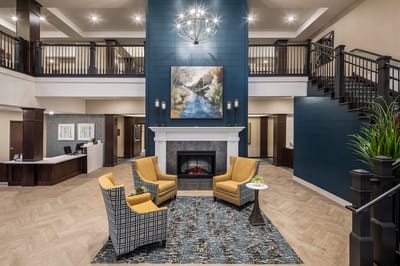 Interior view of a cozy common area with seating