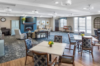 Bright common area with comfortable seating and decor