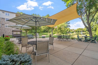 Outdoor patio area with shaded seating