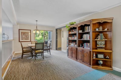 Interior view of a common area with bookshelves
