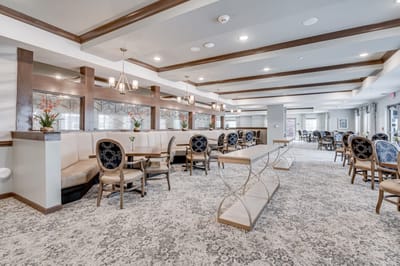 Interior view of a common area with dining setup