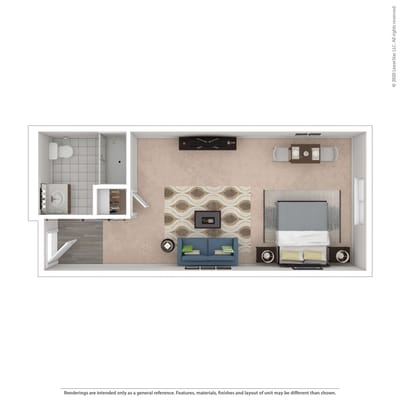 Hayden Grove Senior Living, assisted living in Bloomington, MN — Floor plan of a one-bedroom senior living apartment