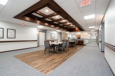 Interior view of a common area with dining tables