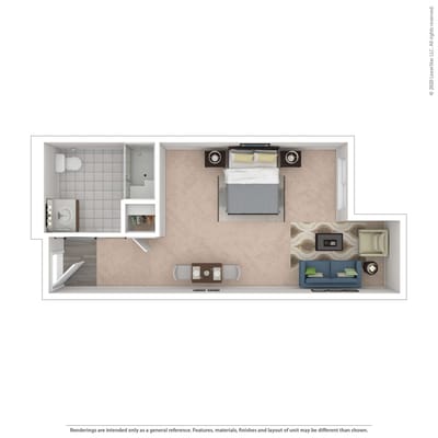 Floor plan of a senior living unit with furniture layout