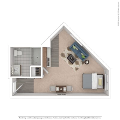 Interior layout of a resident room with furnishings