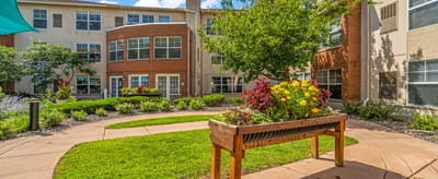 Beautiful garden courtyard at The Pines Assisted Living