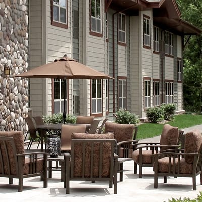 Patio seating area outside the assisted living facility
