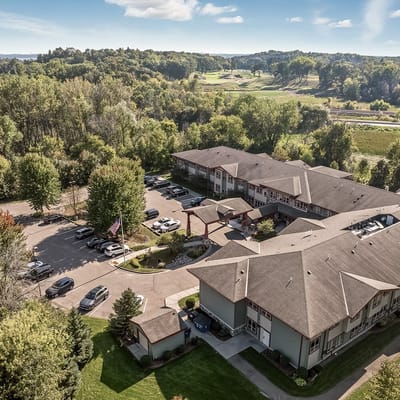 Aerial view of the assisted living facility and surrounding area