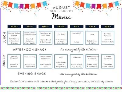 Weekly menu for meals at the facility