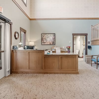 Bright lobby area of an assisted living facility