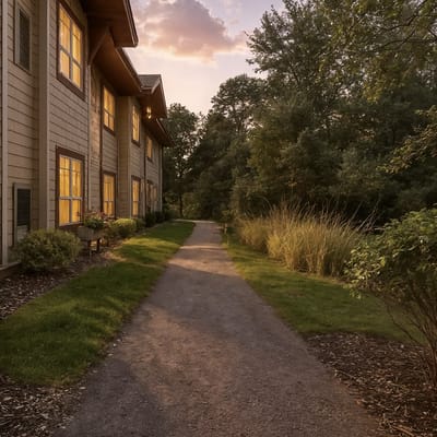Pathway leading to assisted living building during sunset