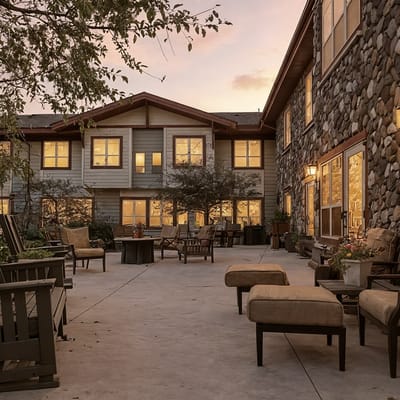 Outdoor seating area with stone building in the background
