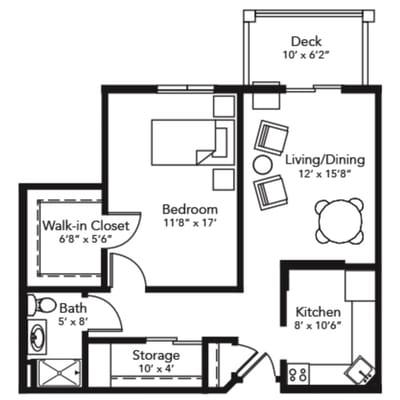 Architectural floor plan of a one-bedroom unit