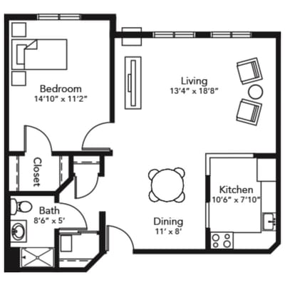 Architectural floor plan of a one-bedroom unit