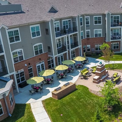 Aerial view of outdoor seating area in the facility