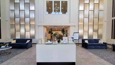 Modern lobby with seating and reception area
