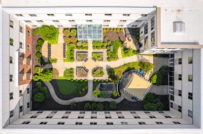 Aerial view of landscaped gardens and pathways