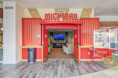 Entrance to a themed common area in the facility