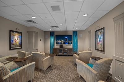 Interior lounge area with seating and entertainment