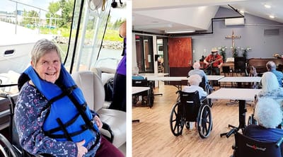 Residents participating in activities, one on a boat and another in a common area