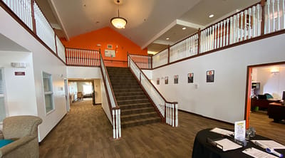 Interior view of a stairway in the assisted living facility