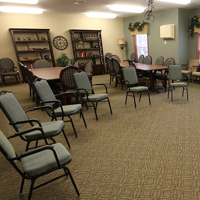 Interior common area with seating and tables
