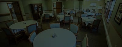 Interior view of a dining room with empty tables