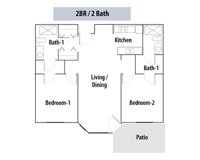 Floor plan of a 2-bedroom, 2-bath unit